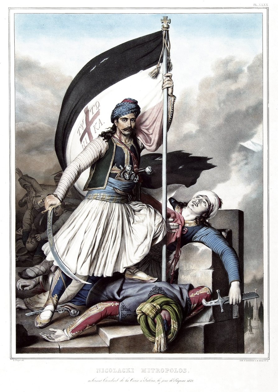 ニコラッキ・ニトロポロス、オスマン帝国から奪ったサロナ要塞で十字架の旗をつけている、1821年の復活祭の日。「アテネとコンスタンティノープルへの旅、またはギリシャとオスマン帝国で描かれた肖像画、景色、衣装のコレクション」の中で 作： ルイ・デュプレ