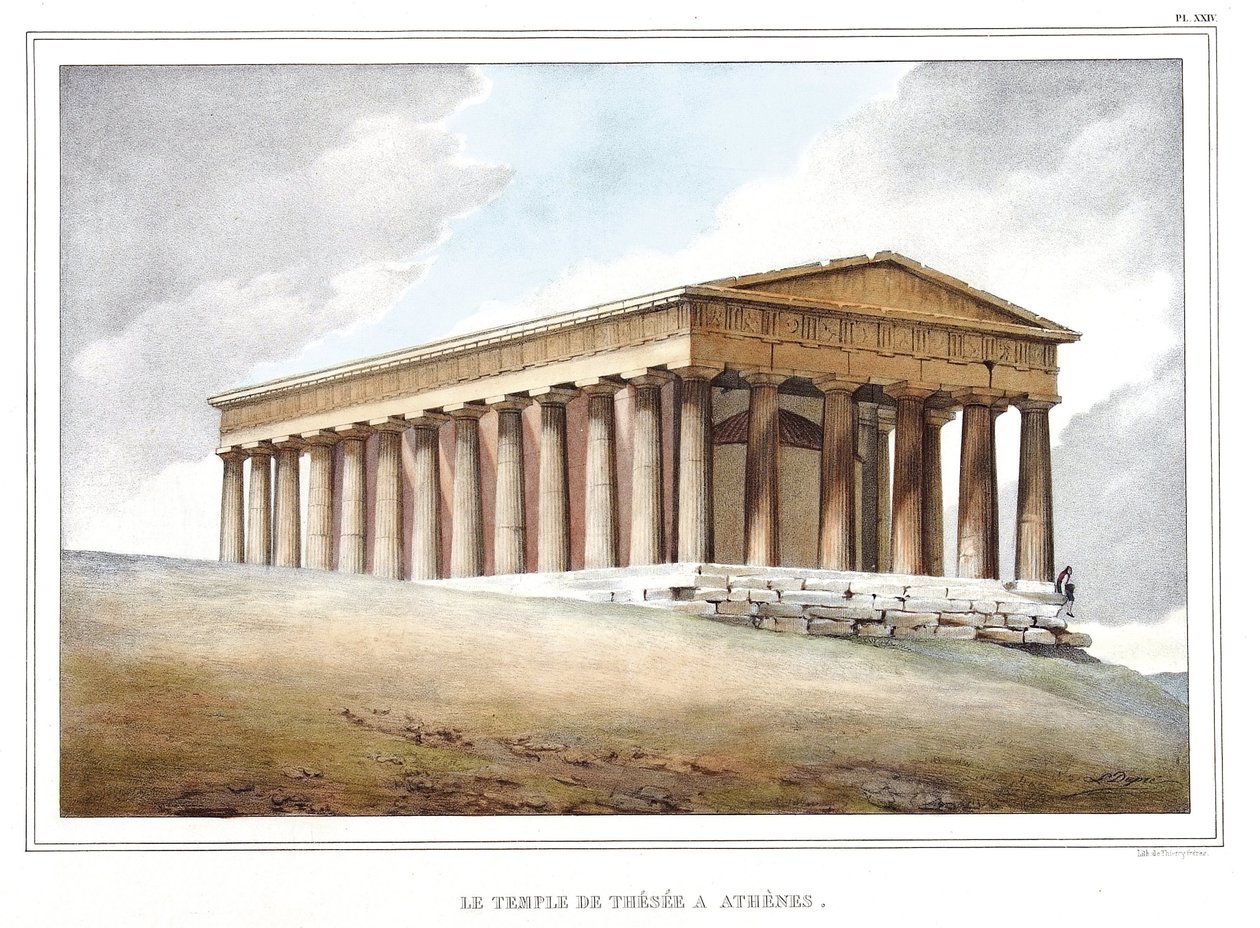 ダヴィッドの弟子であるルイ・デュプレ（1789-1837）が1825年に制作した「アテネスとコンスタンティノープルへの旅」（自然の場所に描かれたギリシャとオスマン帝国の肖像画、眺望、衣装のコレクション）の中の「テゼの神殿」。 作： ルイ・デュプレ