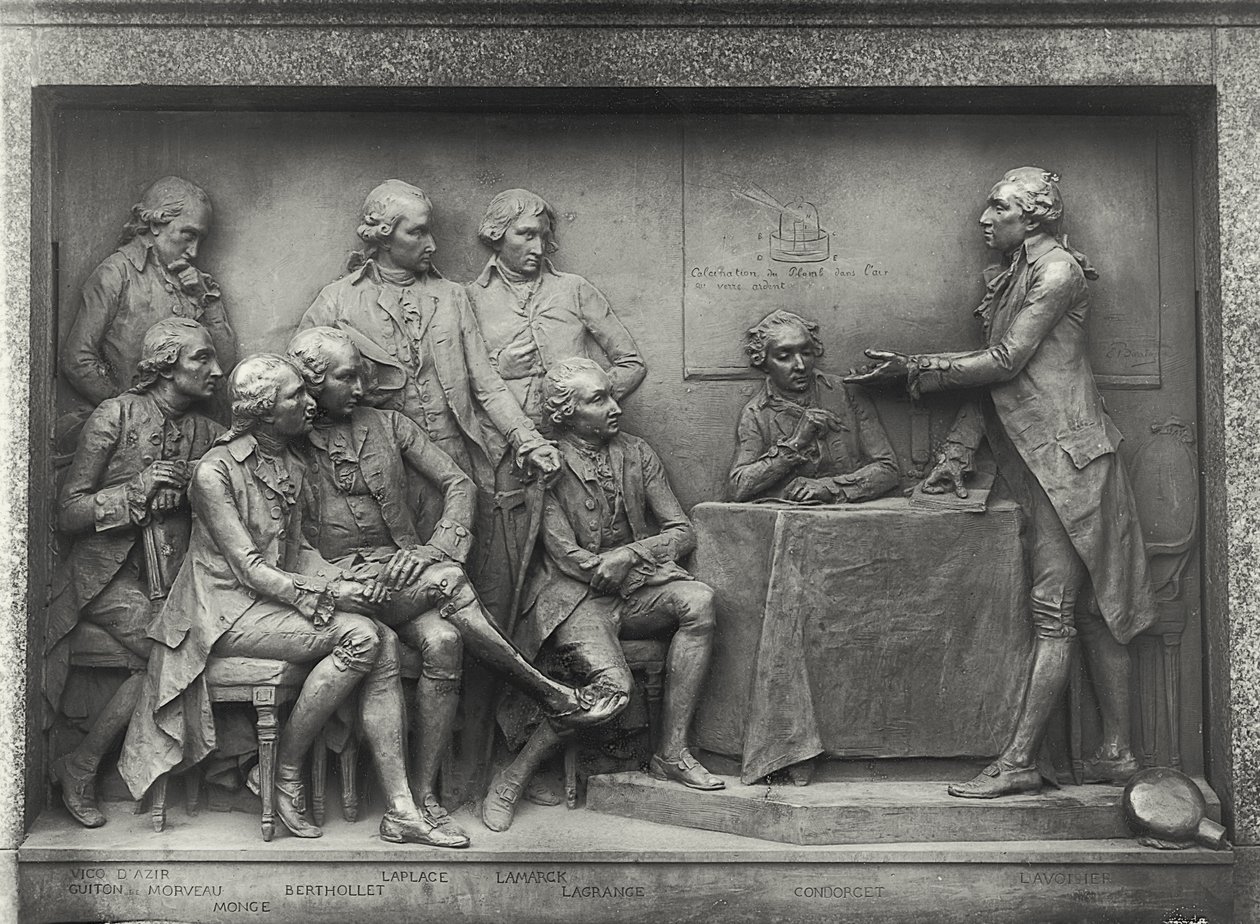 空気の分析結果を同僚に説明するAntoine Laurent Lavoisier（1743-94）（ブロンズ）（モノクロ写真 作： ルイアーネストバリアス