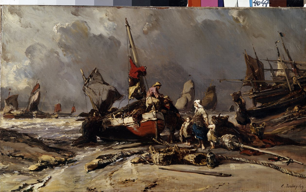""After the storm"" (嵐の後) 漁師は嵐の後、家族を見つける。 Louis Gabriel Eugene Isabey (1803-1886) による絵画 1869 Dim. 36.5x60 cm エルミタージュ美術館、サンクトペテルブルク 作： ルイユージンガブリエルイザベイ
