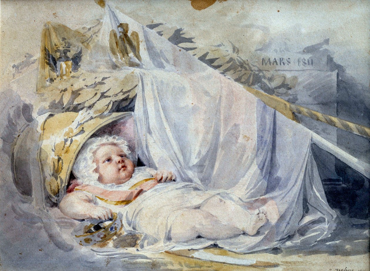 ローマ王 ライヒシュタット公爵ナポレオン2世（1811-1832） 皇帝ナポレオン1世（1769-1821）の息子 新生 ウジェーヌ・イサビー（1803-1886）による黒い石とベージュの溶岩紙 1811年3月 日。0,18x0,25 m パリ、ルーヴル美術館 作： ルイユージンガブリエルイザベイ