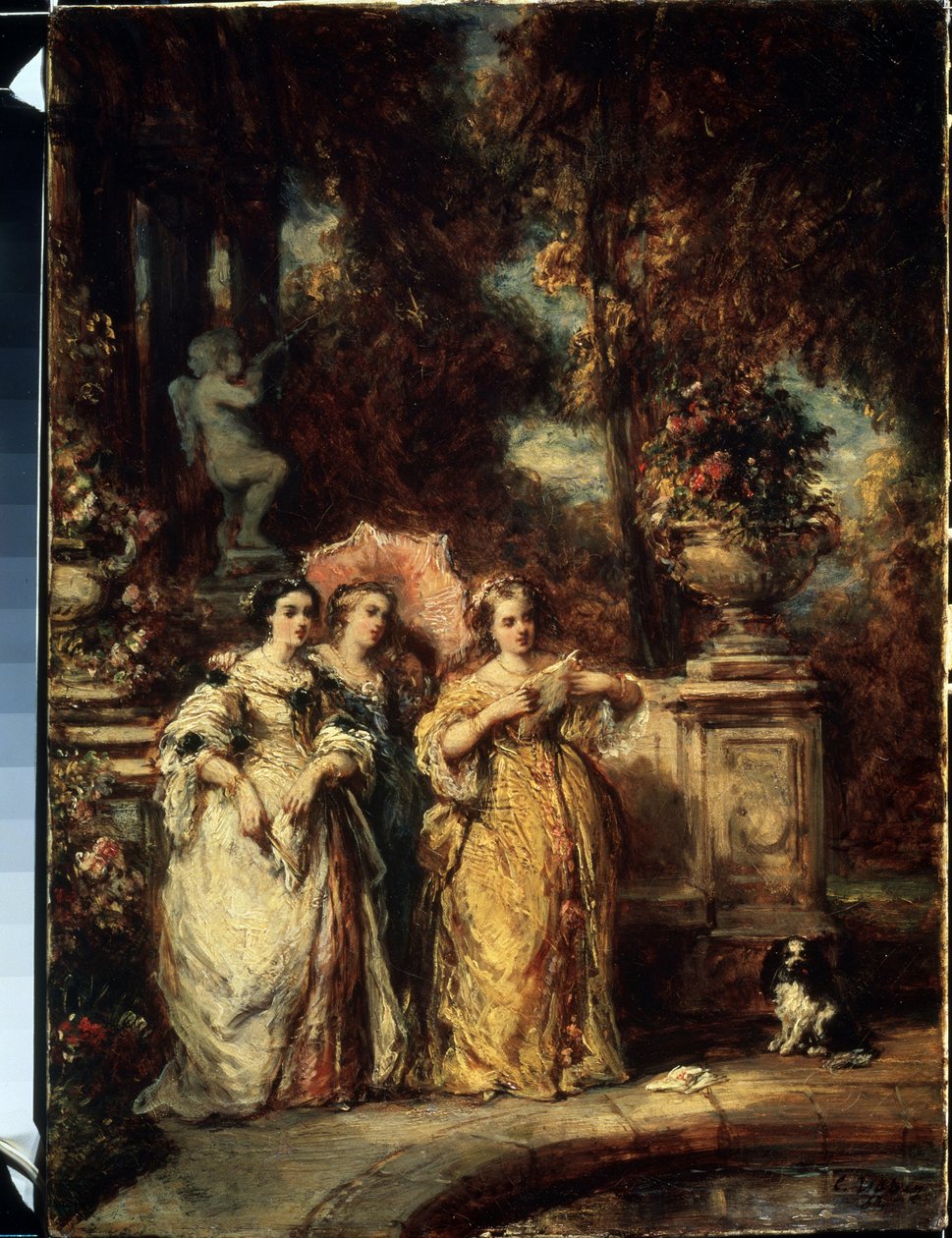 ""La promenade"" (散歩) 公園で良家に生まれた 3 人の少女。 Louis Gabriel Eugene Isabey (1803-1886) による絵画 1852年 プーシキン美術館、モスクワ 作： ルイユージンガブリエルイザベイ