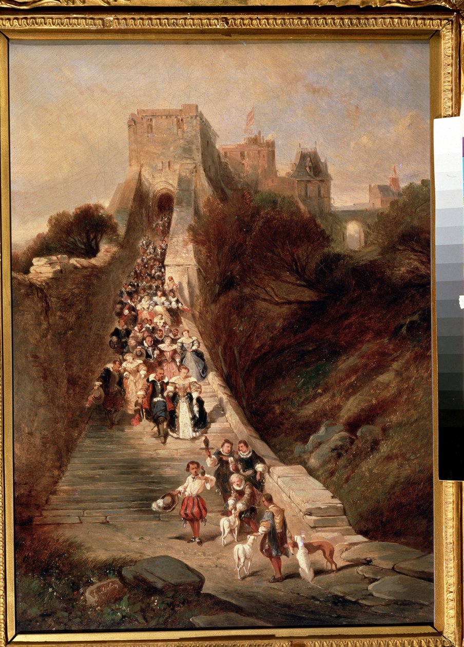 「Leaving the castle」（城を出る） 城の入口の大階段を降りる17世紀の紳士淑女の一団。 Louis Gabriel Eugene Isabey (1803-1886) による絵画 19 世紀 プーシキン美術館、モスクワ 作： ルイユージンガブリエルイザベイ