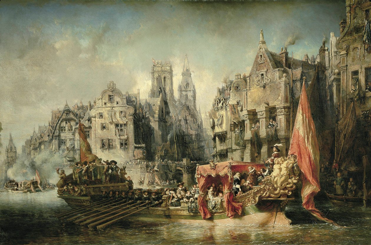 アルバ公であり、シャルル5世（V）統治下のオランダ総督であったフェルディナンド・アルヴァレ・デ・トレド（フェルナンド・アルヴァレス・デ・トレド）が1567年にロッテルダムに到着した様子。Eugene Isabey（1803-1886）による絵画。1844.パリオルセー美術館 作： ルイユージンガブリエルイザベイ