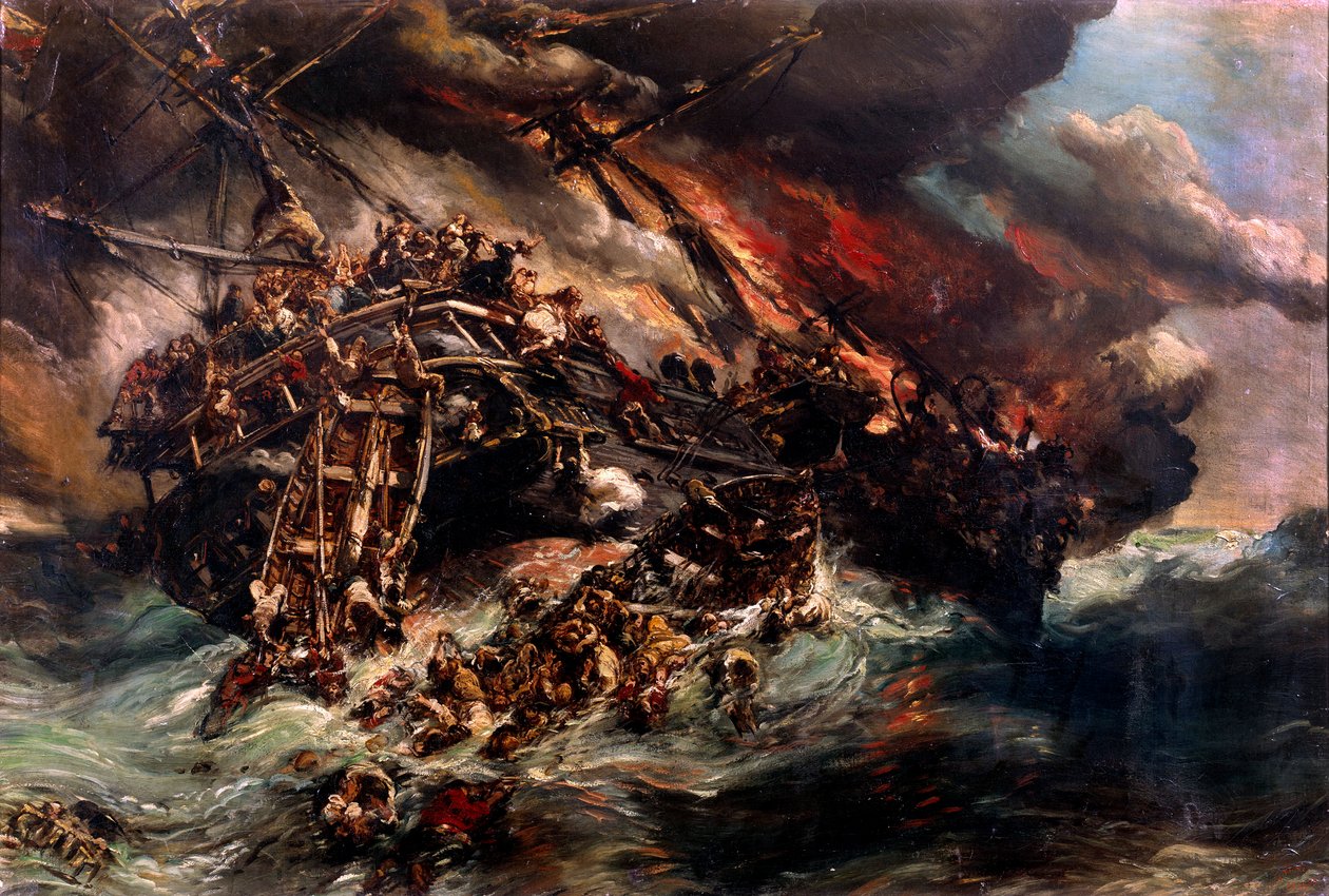 蒸気船「オーストリア」の火災 ルイ・ユージン・イサビー（1803-1886）の絵画 19世紀 パリ海洋博物館 作： ルイユージンガブリエルイザベイ
