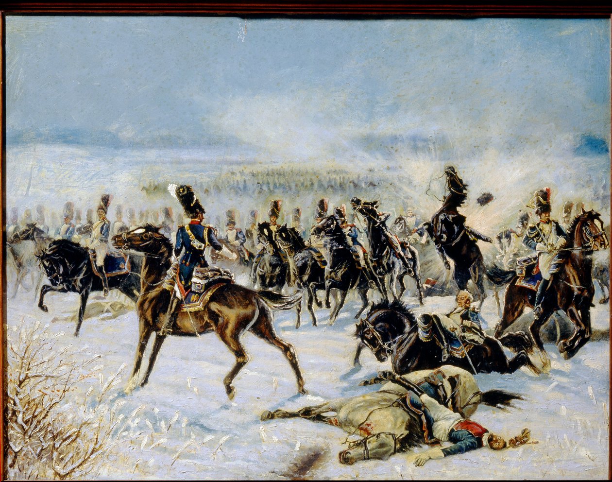 アイラウの戦い、1807 年 2 月 20 日 (1807 年 2 月 8 日のプロイシス アイラウの戦い)。 ナポレオン 1 世 (1769-1821) のフランス大陸軍とロシア帝国との間の軍事的対立。 ルイ・フェルディナンド・マレスピナ（1874-1940）の作品、カリフォルニアに油彩 作： Louis-Ferdinand Malespina