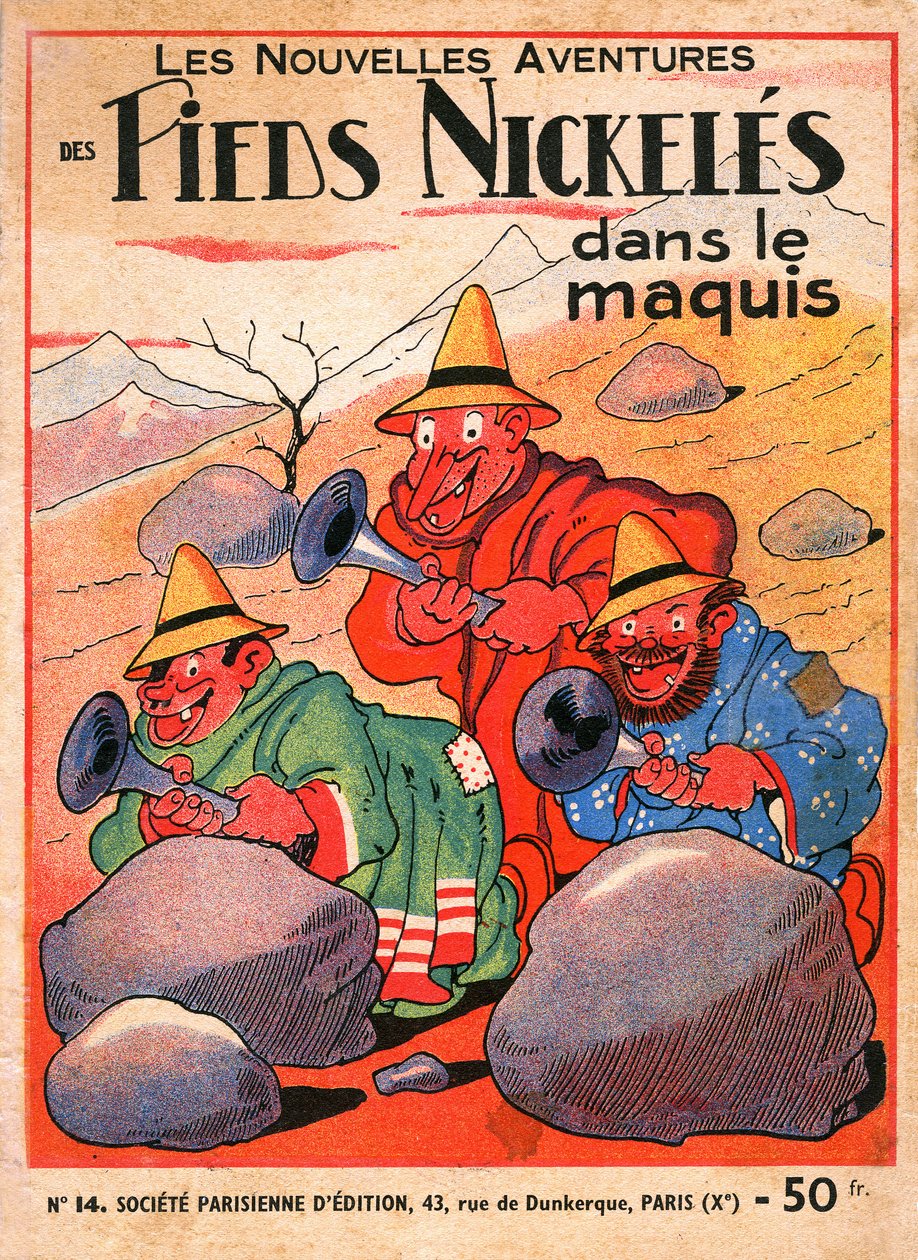 ルイス・フォートン (1879-1934) による漫画アルバムの表紙: Les Pieds Nickeles dans le maquis (トリオの冒険の第 14 巻の 1949 年版)。 コルシカ島のクロキニョール、リブルディング、フィロチャード。 ©Gusman/Leemage 作： ルイ・フォートン