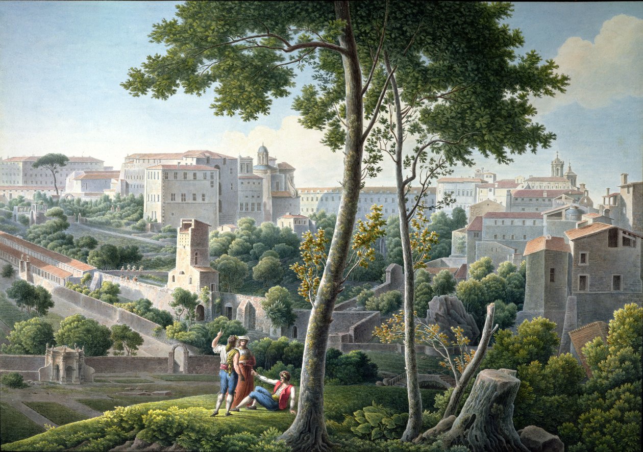 ローマのクイリナールの丘の景色、ヴィラコロンナを背景に、c.1800 作： LouisFrançoisCassas