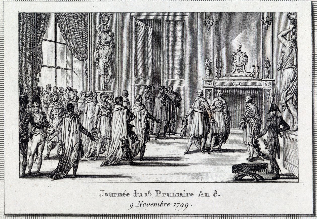 領事館"Napoleon Bonaparte (1769-1821) at the meeting of Saint Cloud on the 18 brumaire (9/11/1799)" ナポレオン・ボナパルトによる18ブルメールのクーデターは、擲弾兵に守られたファイブ・セント(5セント)評議会(500人部屋)で行われ、Dを終了する。 作： ルイ・フランソワ・クーシュ