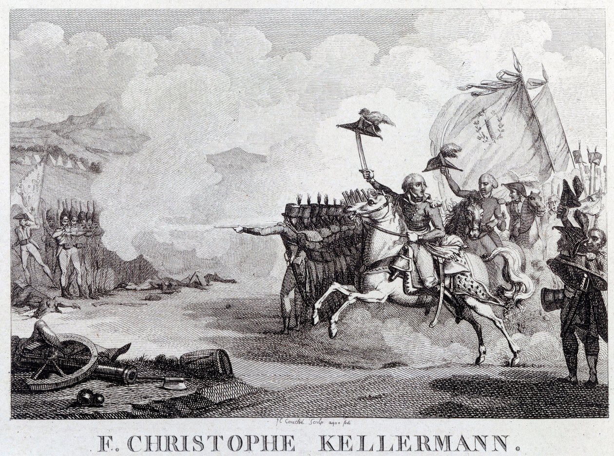 フランス革命「1792年9月20日のヴァルミーの戦いでの将軍兼牧童フランソワ・クリストフ・ケレルマン（1735-1820）」 ルイ・フランソワ・クーシュ（1782-1849）によるエングレーヴィング 18世紀 Paris, Musee Carnavalet 作： ルイ・フランソワ・クーシュ