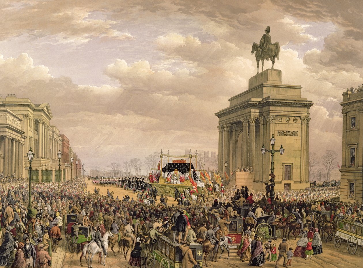 トーリントンピッケン（fl.1838-1870）によって彫刻された、1852年11月18日、アプスリーハウスのアーチ道を通過するウェリントン公爵の葬儀。アッカーマンとデイ、1853年 作： ルイ・ハゲ