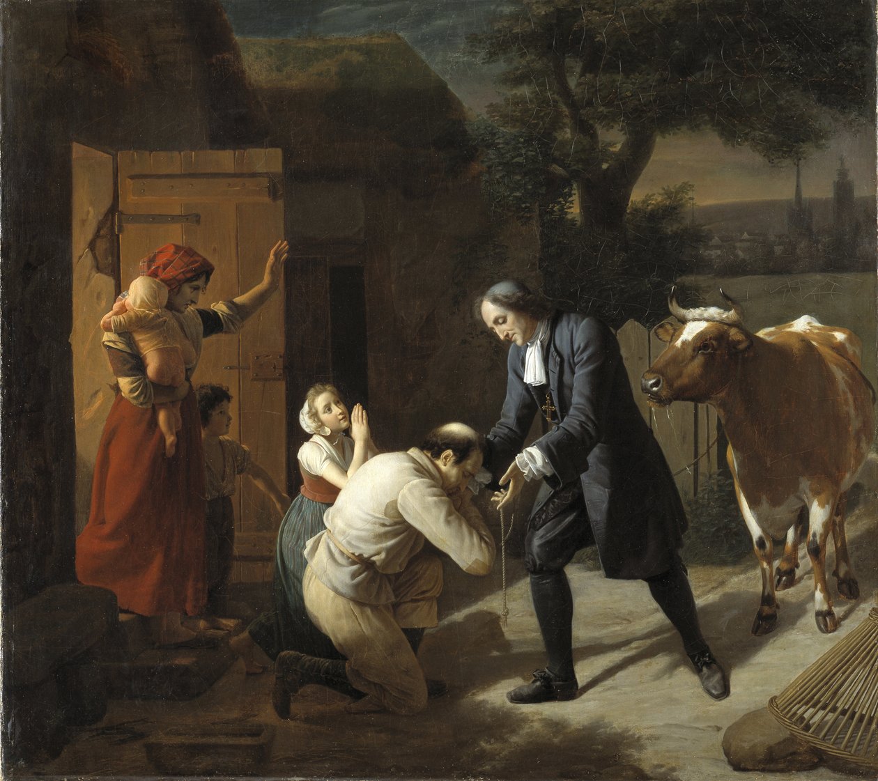 フランソワ・フェネロン（1651-1715） rapporte une vache volee a un paysan - フェネロンは盗まれた牛を農民に返す、エルサン、ルイ（1777-1860）作。キャンバスに油彩。寸法：97,5x109,5 cm。ストックホルム国立博物館 作： ルイ・エルサン