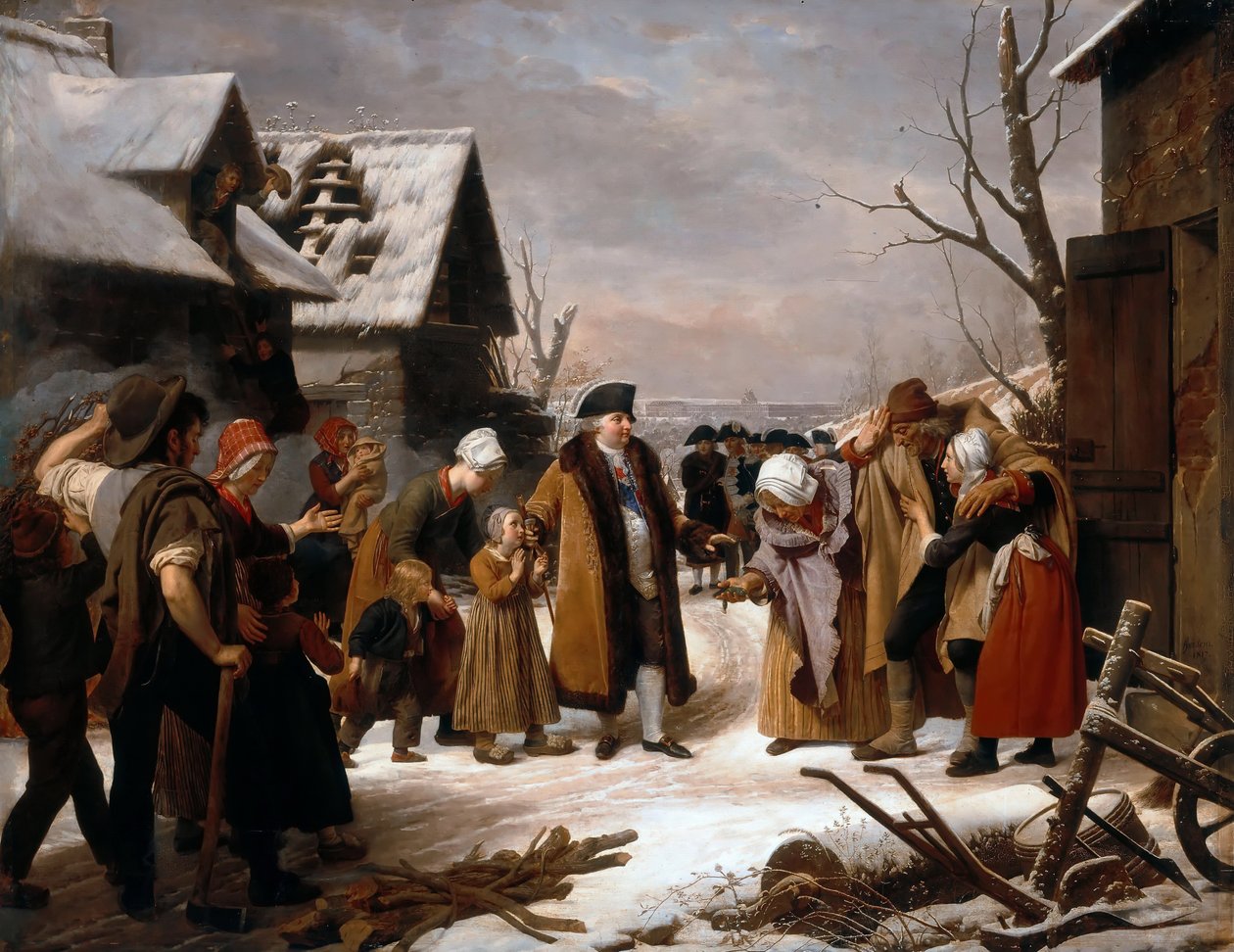 1788年冬、ヴェルサイユの貧しい人々に施しをするルイ16世 作： ルイ・エルサン