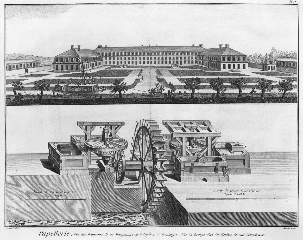 ロバートベナール（fl.1734）によって彫刻された、デニスディドロ（「1713-84」）による「エンサイクロペディデサイエンスエメティエ」からの製紙所、出版されたc.1770 作： ルイ・ジャック・グシエ