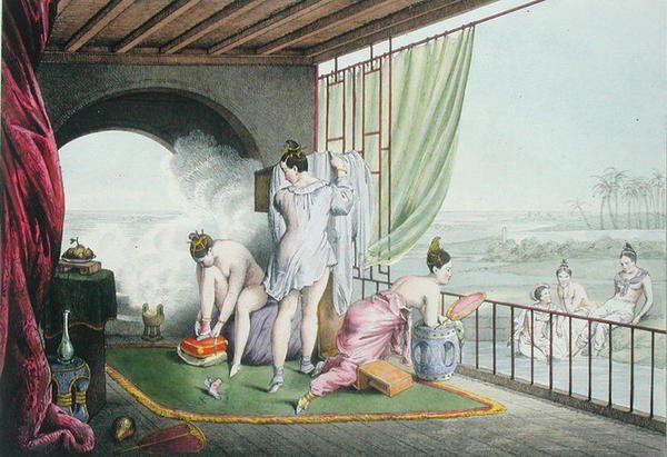 1824-27年に出版された「トイレの水浴客」（カラーリトグラフ） 作： ルイ・ジャック・ニコラス・シャール