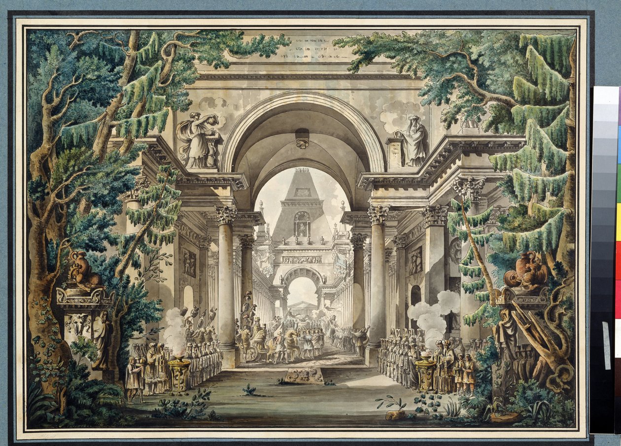 「La procession au Temple」（お寺の行列） 芝居の舞台装置。 Louis Jean Deprez (1743-1804) の水彩画 プーシキン美術館、モスクワ 作： ルイ・ジャン・デスプレス