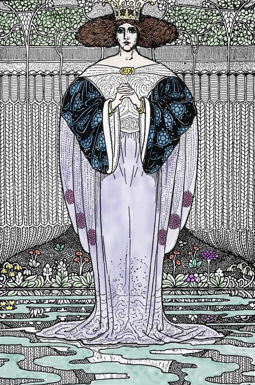 湖の貴婦人 (ニムエ、ヴィヴィアン) の表現 Louis Rhead (1858-1926) による「アーサー王とその騎士たち」の挿絵 作： ルイス・ジョン・Rヘッド