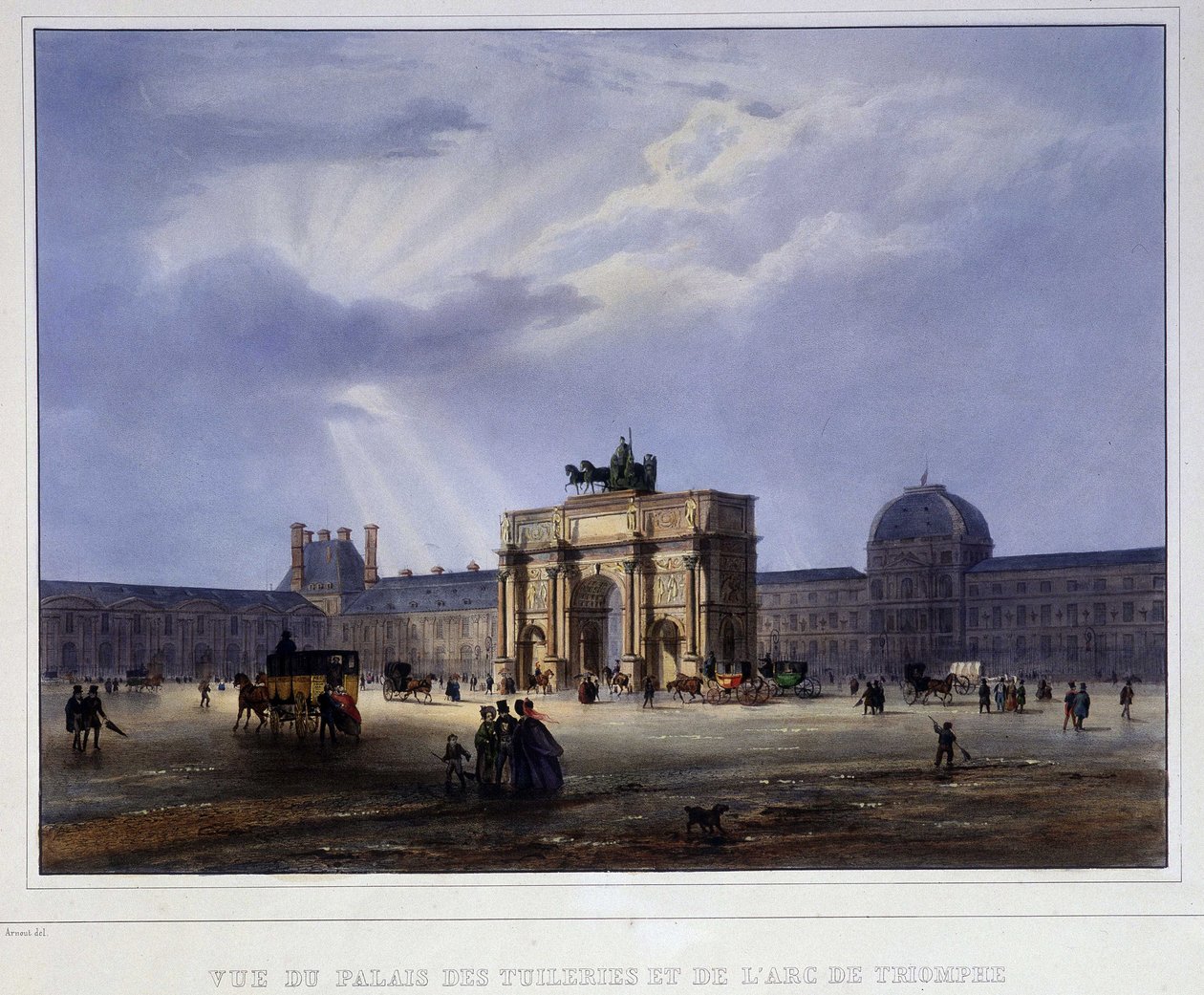 チュイルリー宮殿とカルーセル（回転木馬）の眺め - アルノウトの「Paris en 1837」にて 作： ルイジュールアーノウ