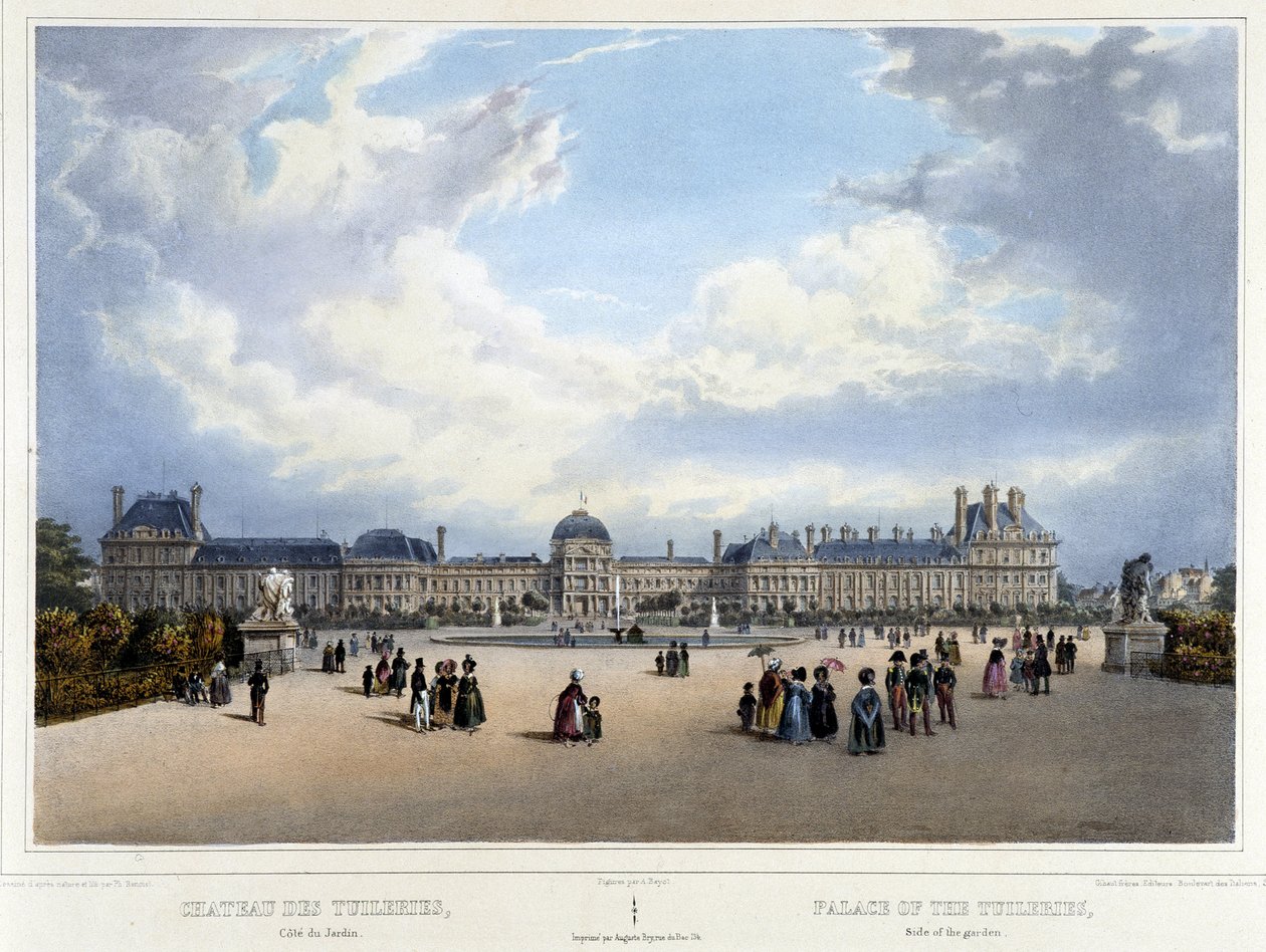 チュイルリー宮殿と庭園の眺め - Jacottet and Benoist著「Promenade dans Paris et ses environs」、パリ、v.1840年。 作： ルイ・ジュリアン・ジャコット