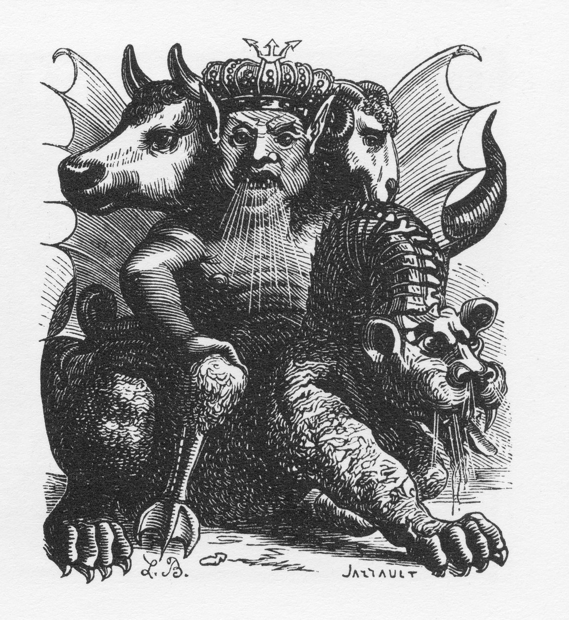 聖書の悪魔アスモデウスまたはアシュメダイ悪魔の王-コラン・ド・プランシー著「地獄の辞典」に掲載-L.ブルトンによるエングレーヴィングである。パリ 作： ルイ・ル・ブルトン