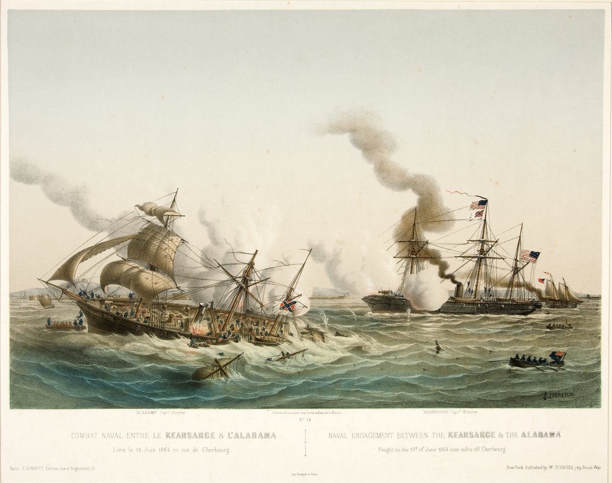 戦闘海軍entre le Kearsage＆l？Alabama、pub。 1864（カラーリトグラフ） 作： ルイ・ル・ブルトン
