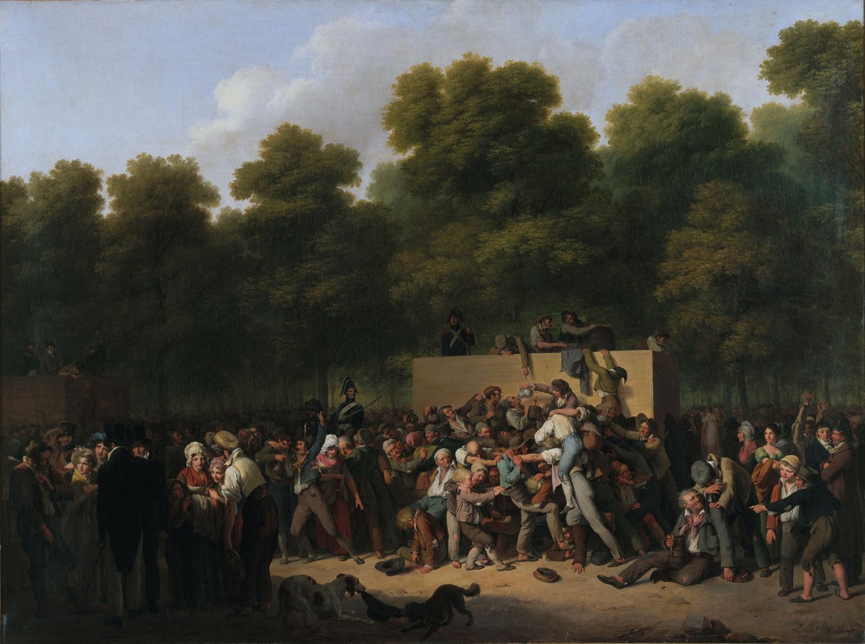 1822 年、国王の祝賀会でシャンゼリゼ通りでワインと料理が配布されました。 作： ルイレオポルドボイリー