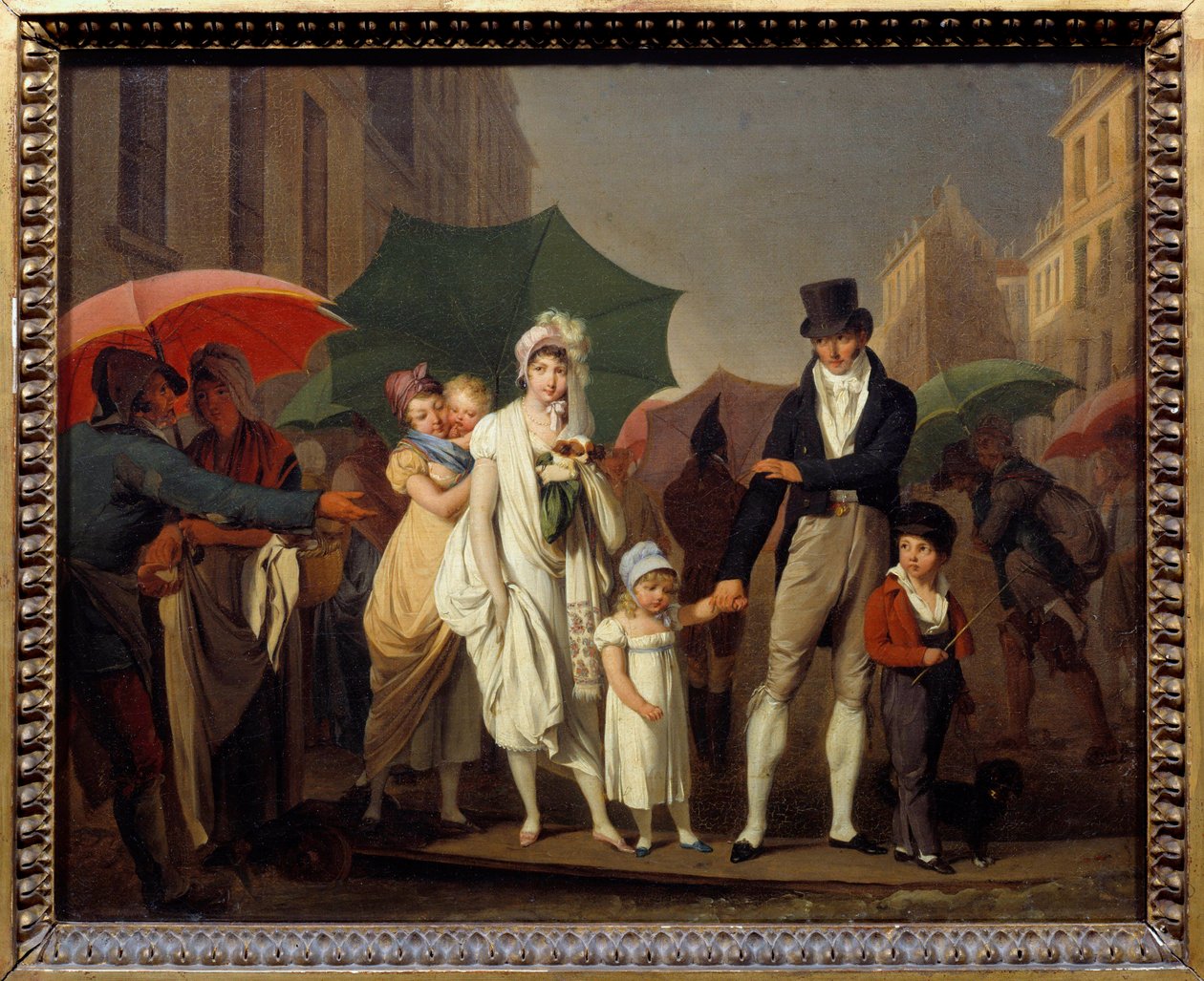 雨から身を守るパリ・プルミエ・エンパイア・ファッションのブルジョワ・シャワー。Louis leopold Boilly (1761-1845)の絵画 19世紀の太陽。0,32x0,4 m - 土砂降りの雨。第一帝政期のファッションに身を包んだパリのブルジョワたちが雨から身を守っている。 作： ルイレオポルドボイリー