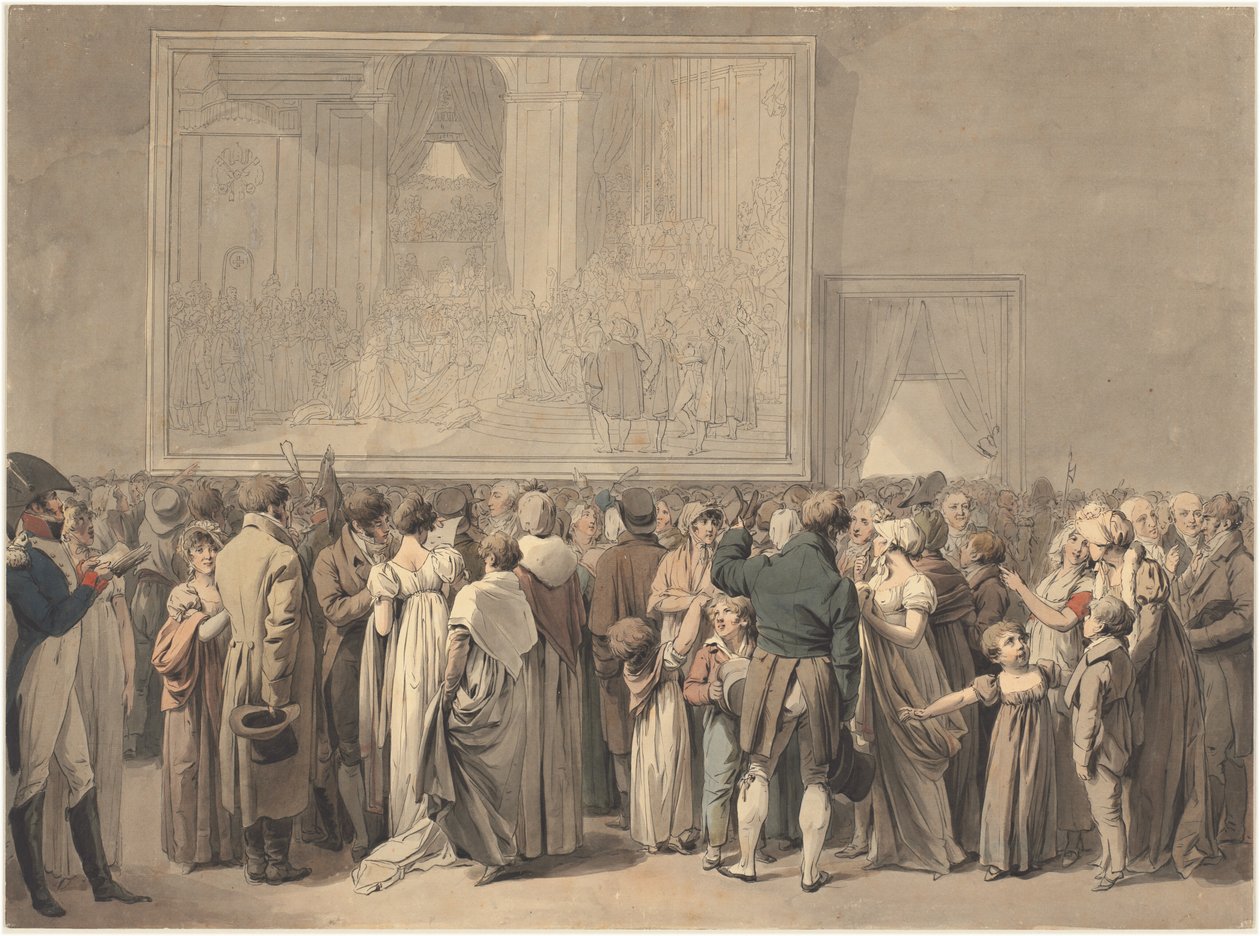 1808年に始まった「聖域」の絵を見ているルーブル美術館のサロンの公衆（ペン、インク、水彩） 作： ルイレオポルドボイリー