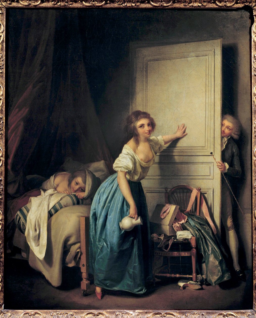 The prying 好奇心旺盛な覗き魔が二人の少女を覗き見しています。ルイ・レオポルド・ボワイ（1761-1845）の絵画。18世紀。パリコニャック博物館 ジェイ 作： ルイレオポルドボイリー
