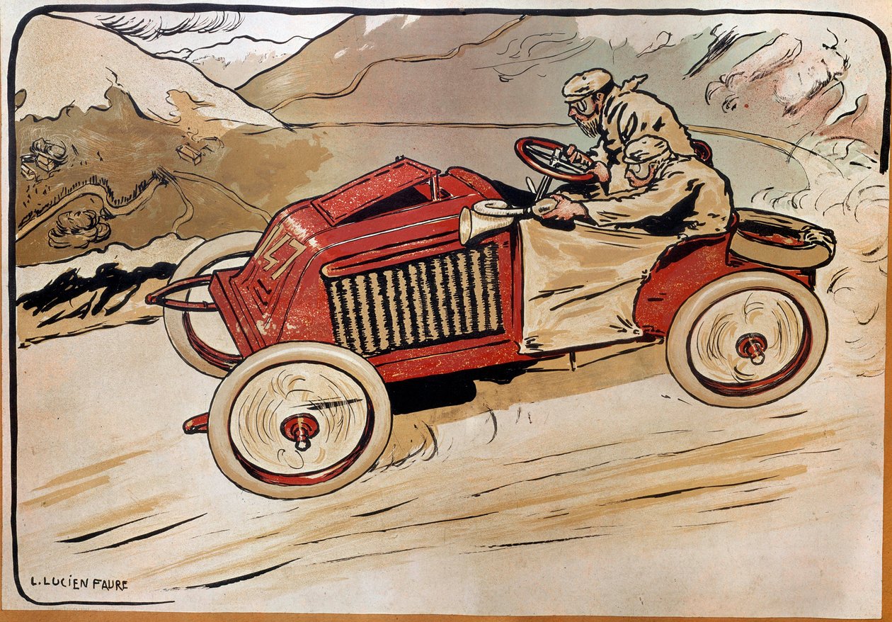 自動車：レーシングカーのこと。マルセル・ルノー（1872-1903）とルネ・ヴォーティエが147号車で1902年のPARIS-VIENNAレース中にアルプスを越える様子。Louis Lucien Faure Dujarric (1872-?) のリトグラフ、20世紀。パリ国立芸術・金属研究所所蔵 作： ルイ・ルシアン・フォーレ・デュジャリック