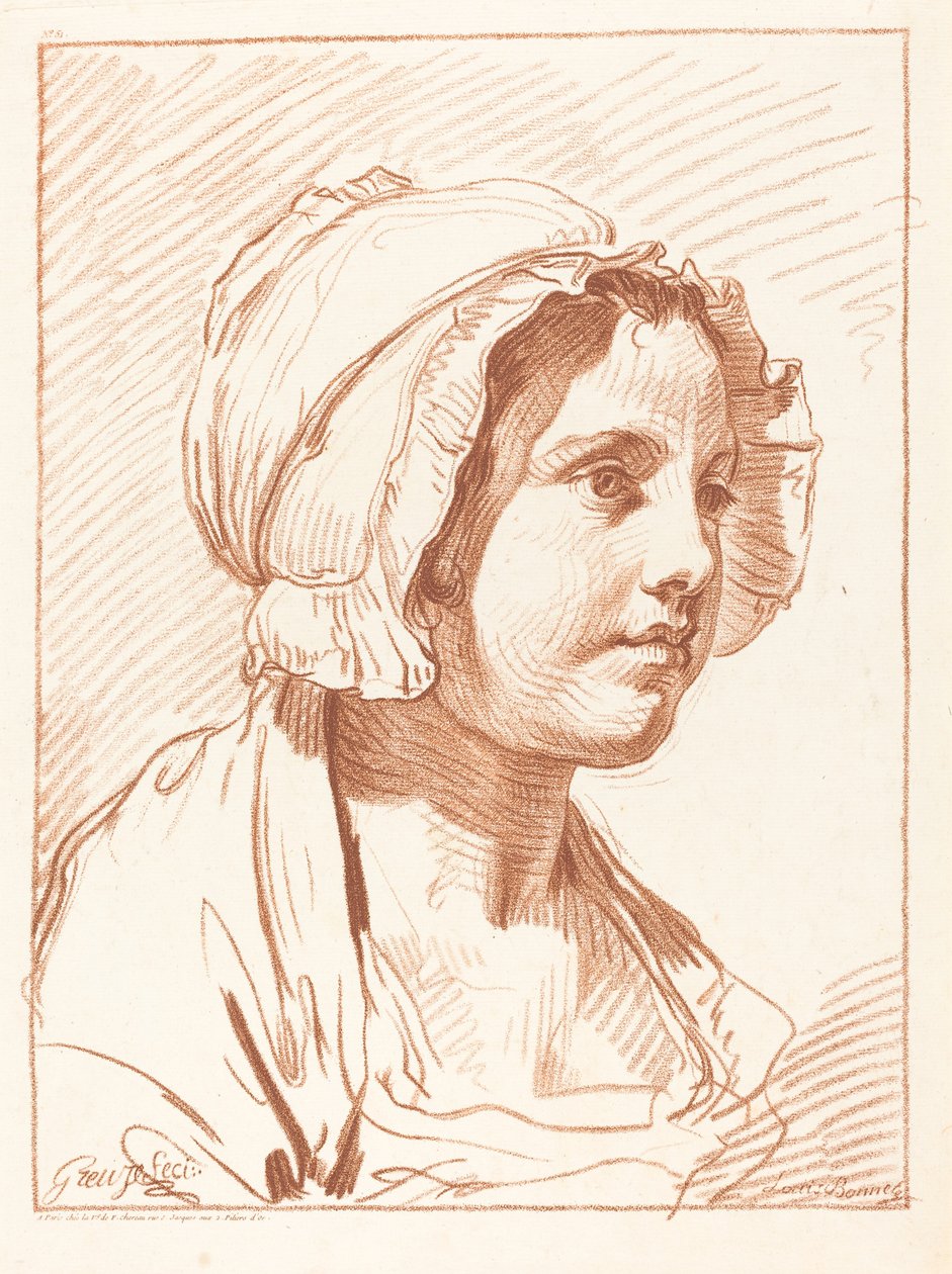 帽子をかぶった若い女性の頭部、1764年以前。 作： ルイ・マリン・ボネット