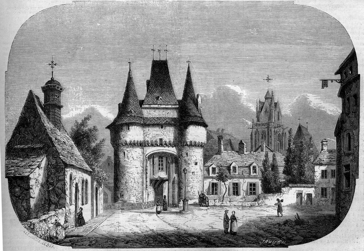 建築：サン・ジュリアン門（1460-1483）の眺め、背景にはゴシック様式のノートルダム・デ・マレ教会（1450-1623）の眺め。ラ・フェルテ・ベルナール、サルト (72) 作： ルイ・ムーリン