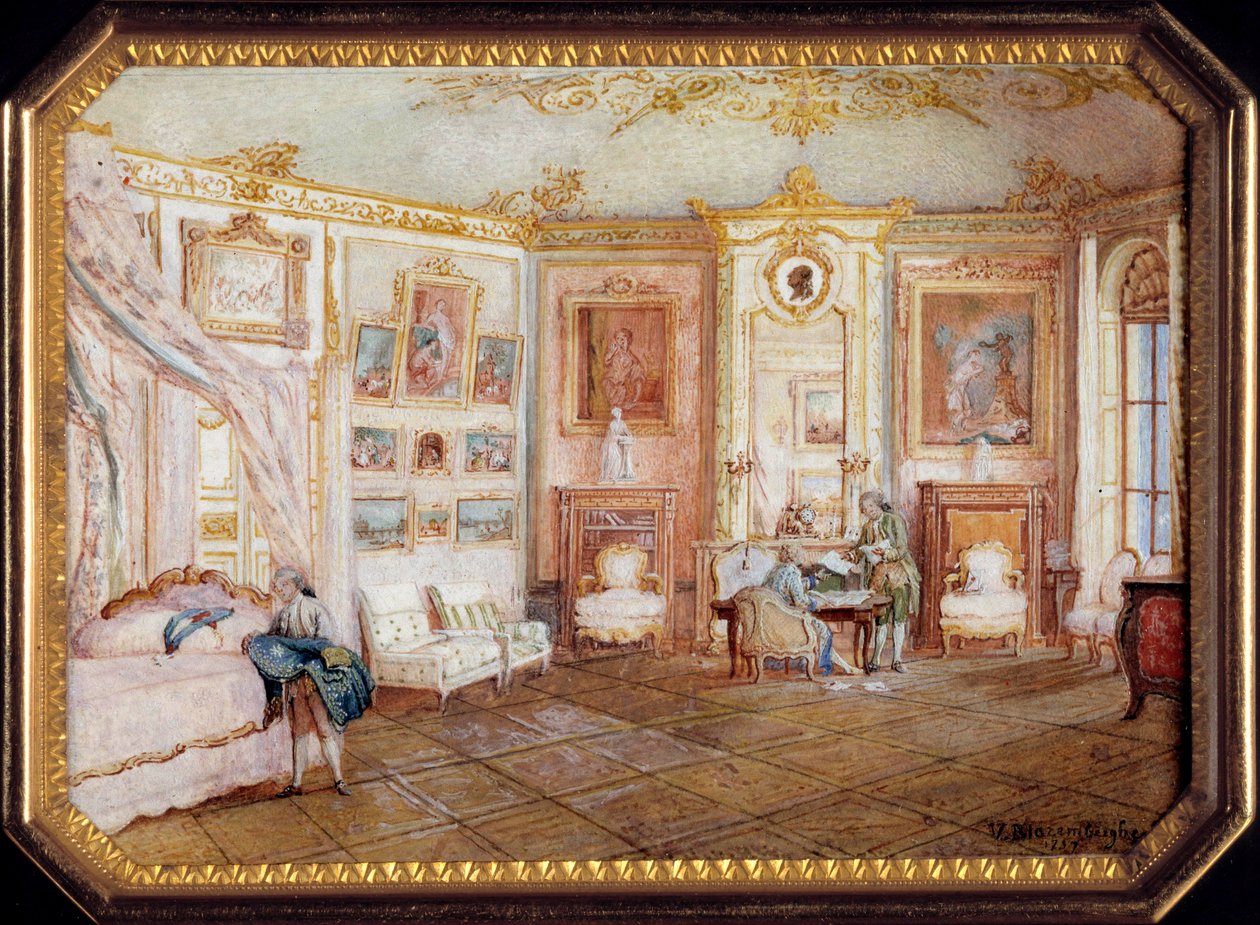アレクサンドル・ルフェール（1806年頃～1838年頃）のタバティエールの蓋に、ルイ・ニコラ・ヴァン・ブラーレンベルグ（1716～1794年）が描いたルイ15世の部屋を表す細密画が飾られています。1770年頃。日 0,02x0,08x0,06 m パリ、ルーヴル美術館 作： ルイ・ニコラス・ファン・ブラレンベルゲ