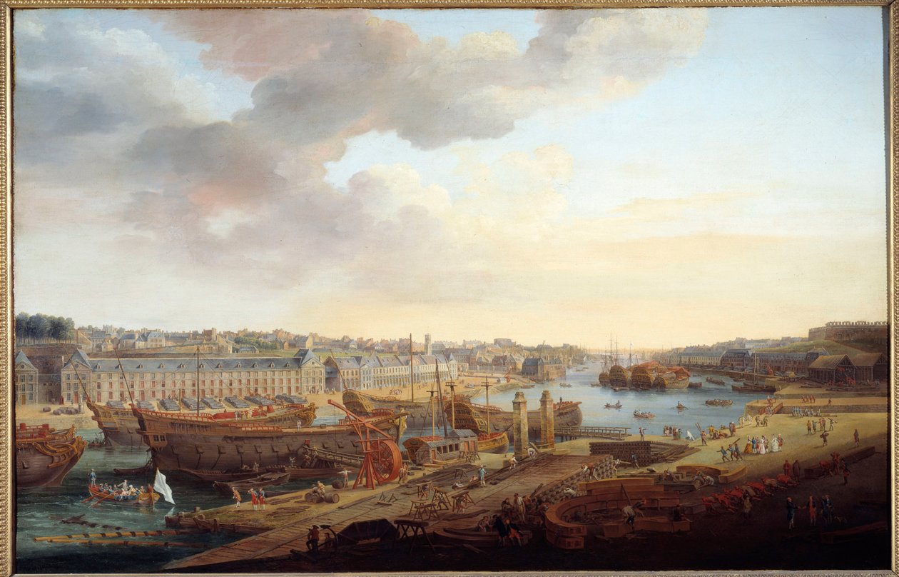 造船所。"ブレストの港" ルイ・ニコラ・ファン・ブラーレンベルグ（1716-1794）の絵画 1774年 日1,25x1,93 m ブレスト、Musee des Beaux Arts 作： ルイ・ニコラス・ファン・ブラレンベルゲ