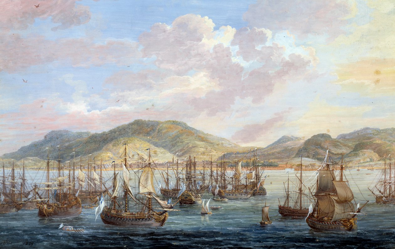 View of the city of Cape francais (Cap de la Republique) サント・ドミンゴの海の景色 Detail.ルイ・ニコラ・ヴァン・ブラーレンベルグ（1716-1794）の絵画 1779年 ラ・ロシェル、ミュゼ・デュ・ヌーヴォー・モンド - View of the city of The Cap francais (Cap de la Republique), sea vi 作： ルイ・ニコラス・ファン・ブラレンベルゲ