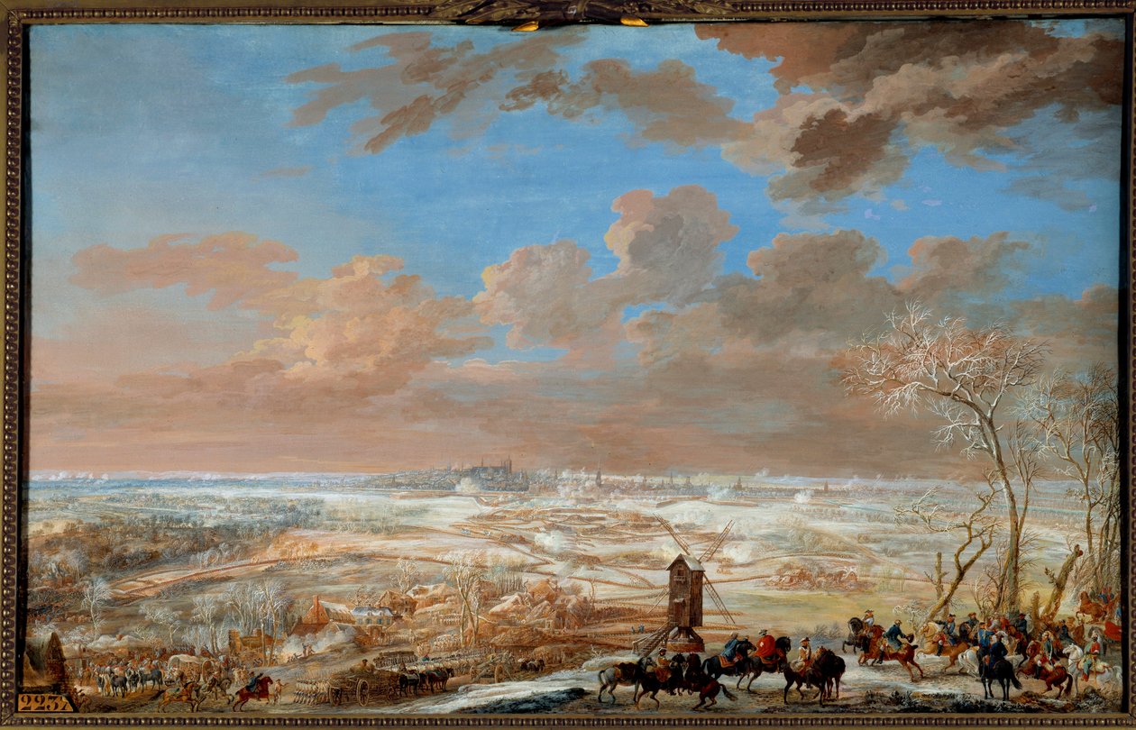 オーストリア継承戦争（1741年〜1748年）の様子。"1746年2月7日から20日までのザクセンのマレシャルによる雪の下のブリュッセルの包囲" ルイ・ニコラ・ヴァン・ブラーレンベルヘ（1716-1794）によるグワッシュ 1781年 Sun.0,59x0,94 m ヴェルサイユ宮殿、城の博物館 作： ルイ・ニコラス・ファン・ブラレンベルゲ