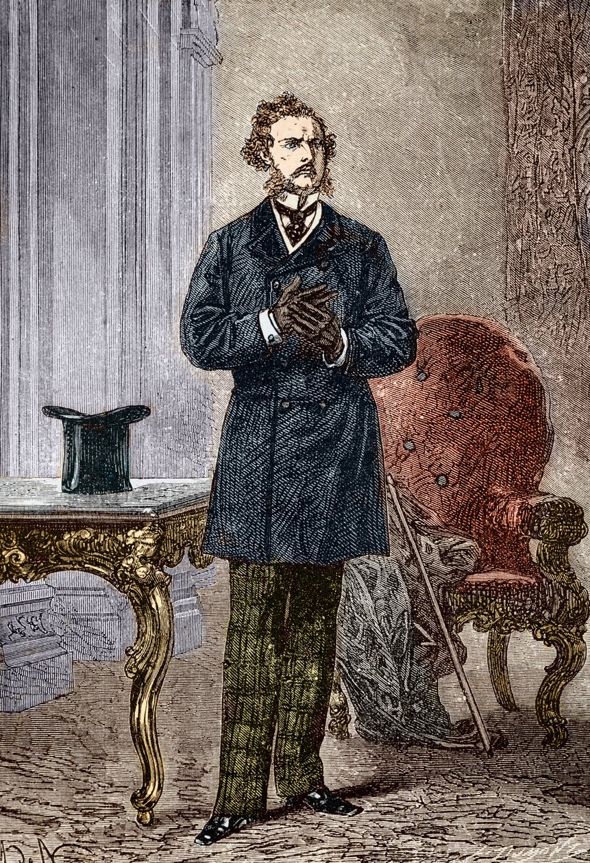 1872 年にルイ ポール ピエール デュモン (1822-1882) によって描かれた、ジュール ヴェルヌの小説「冒険の旅」の登場人物、フィリアス フォッグの肖像 (「80 日間世界一周」の口絵からのフィリアス フォッグ) ジュール・ヴェルヌ作（182 作： ルイスポールピエールデュモン
