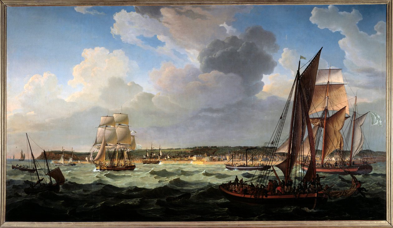 海から見たアーブル。ルイ・フィリップ・クレパン（1772-1851）による絵画 作： ルイ・フィリップ・クレパン