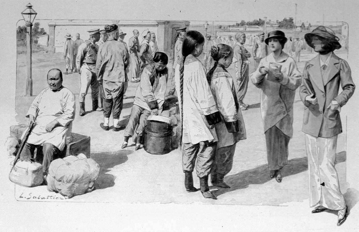 寄港中のシベリア横断鉄道からの中国人とヨーロッパ人の旅行者。1913.イラスト：Sabatier 作： ルイ・レミー・サバティエ