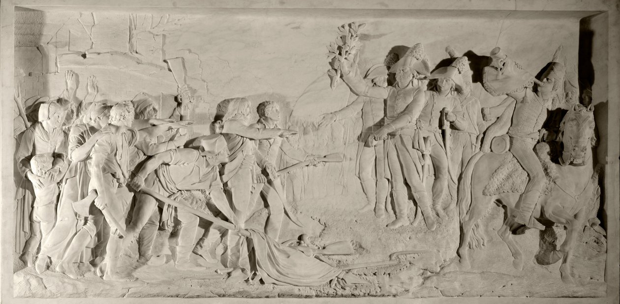 ヴァンデ戦争：1796年、ラザール・オッシュ将軍（1768-1797）によるヴァンデ地方の平定。シモン・ルイ・ボワゾ(1743-1809)が彫刻した大理石の低浮き彫り。1800.ヴェルサイユ、城の博物館 作： ルイ・サイモン・ボイゾット