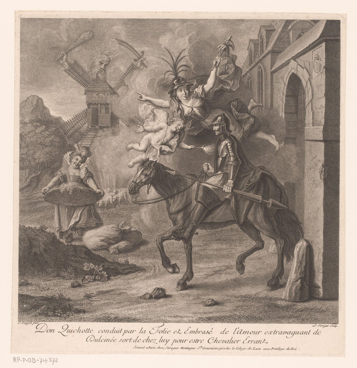 Don Quichotte verlässt begleitet von der Torheit sein Haus, um ein wandernder Ritter zu werden von Louis Surugue