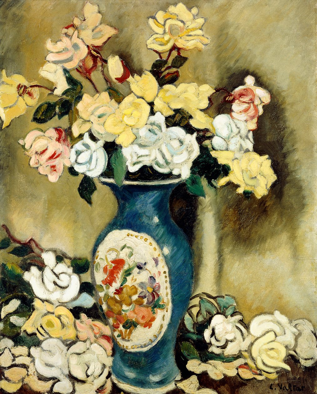 Buquê de rosas vermelhas em um vaso azul, c.1920 (óleo sobre tela) 作： ルイ・ヴァルタ