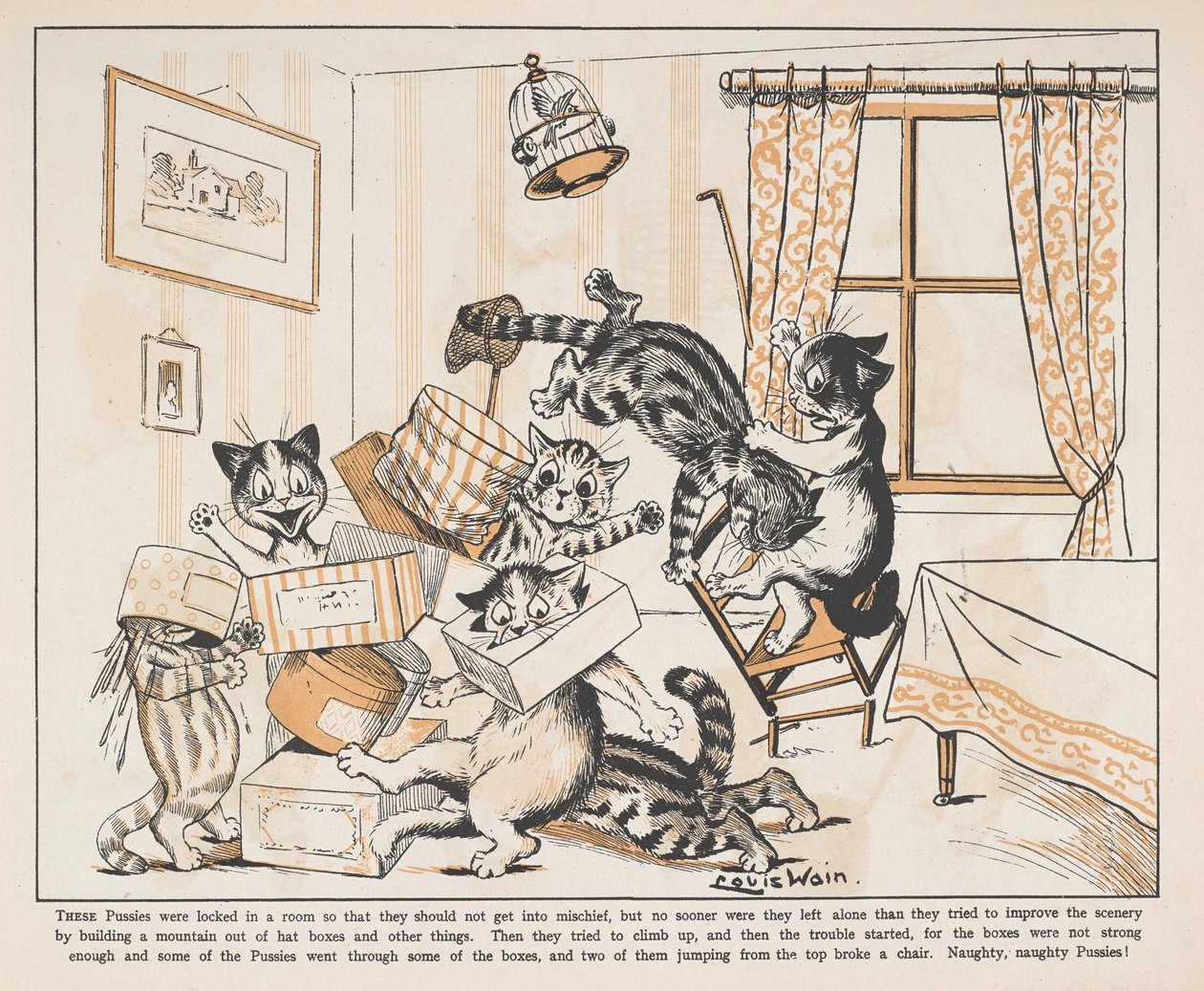 部屋の中で箱と戯れる猫たち。 作： ルイス・ウェイン
