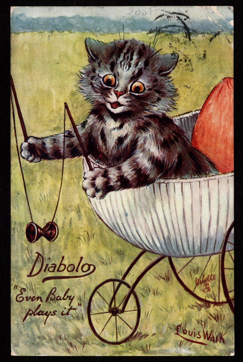 Diabolo. Sogar das Baby spielt damit. Tiere in menschlicher Haltung. Kätzchen spielt mit einem Diabolo in seiner Wiege. Postkarte. Chromolithographie von Louis Wain (1860-1939), englischer Künstler bekannt für seine Darstellung von Katzen mit großen Augen. von Louis Wain