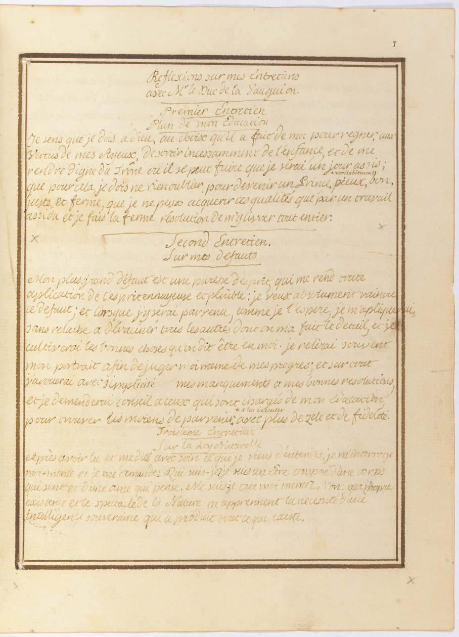 「ル・ドク・ド・ラ・ヴォーギョン氏へのインタビューの反省」、直筆原稿、1767年1月から1769年初頭 作： ルイ16世