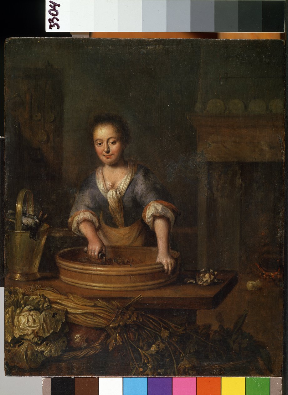 ""The cook"" (The cook) 田舎のキッチンでキャベツを準備している若い料理人。 Louis de Moni (1698-1771) の絵画 Mikalojus Konstantinas Ciurlionis Fine Arts Museum、カウナス、リトアニア 作： ルイ・ド・モニ