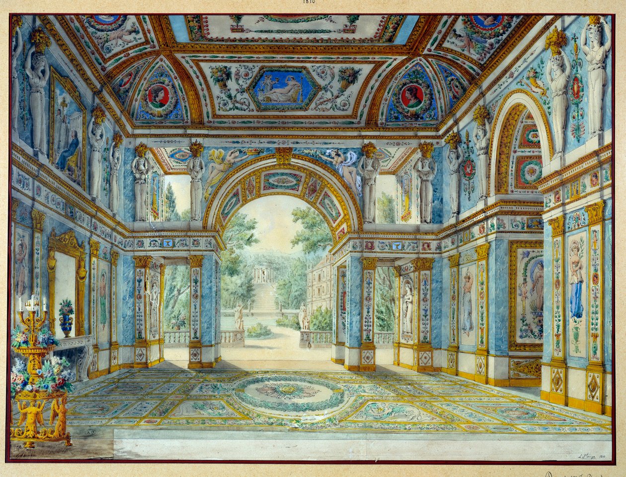 公園に面した宮殿のポルティコ。 Louis De Saint Ange (1780-1831) による彫刻 作： Louis de Saint Ange Desmaisons
