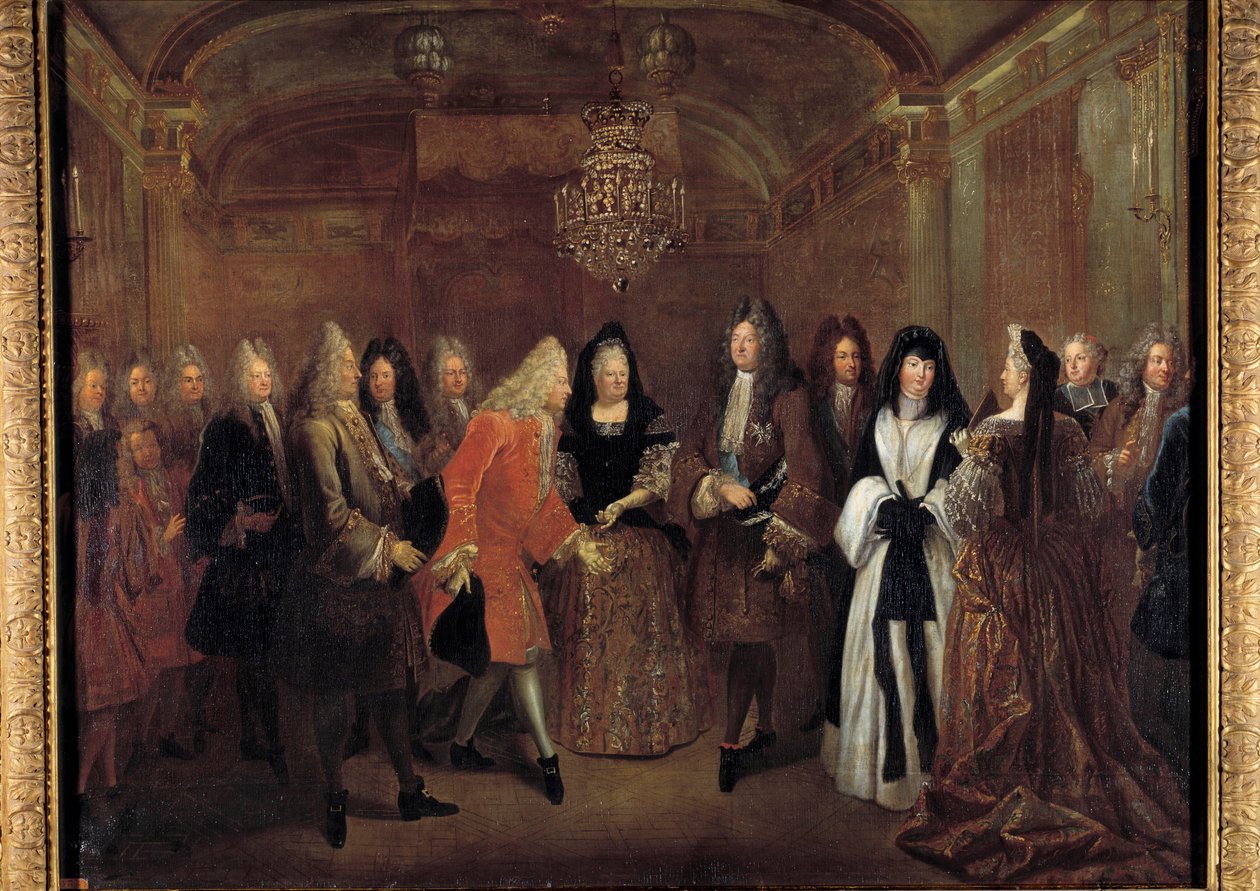 国王ルイ14世（1638-1715）は、1714年9月27日にフォンテーヌブロー城で、エリザベス・シャルロット・ドルレアンからザクセン公フレデリック・アウグストゥスを迎え入れた。ルイ・ド・シルヴェストル（1675-1760）による絵画 1715年 薄暗い。1,20 x 1,55 m 作： ルイ・ド・シルベストル