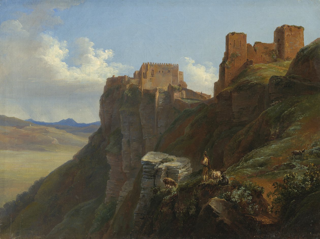 トラーパニ、シチリア、c。1824-6の近くのサンジュリアーノ城の眺め 作： ルイーズ・ジョセフィン・サラジン・ド・ベルモント