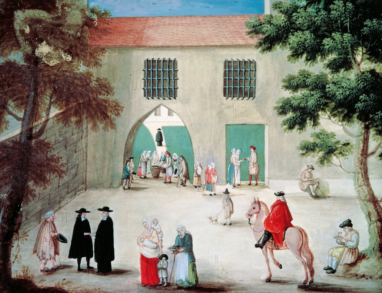 フランス、グワッシュ、ルイーズ・マグドレーヌ・オルテメル（1688-1767）作、ポール・ロワイヤル・デ・シャンプ修道院の前で貧しい人々を助ける 作： Louise Magdeleine Hortemel